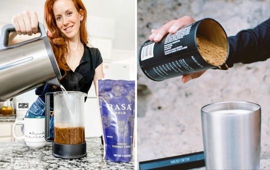 Mud WTR simply being poured into a cup vs Rasa being prepared with boiling water